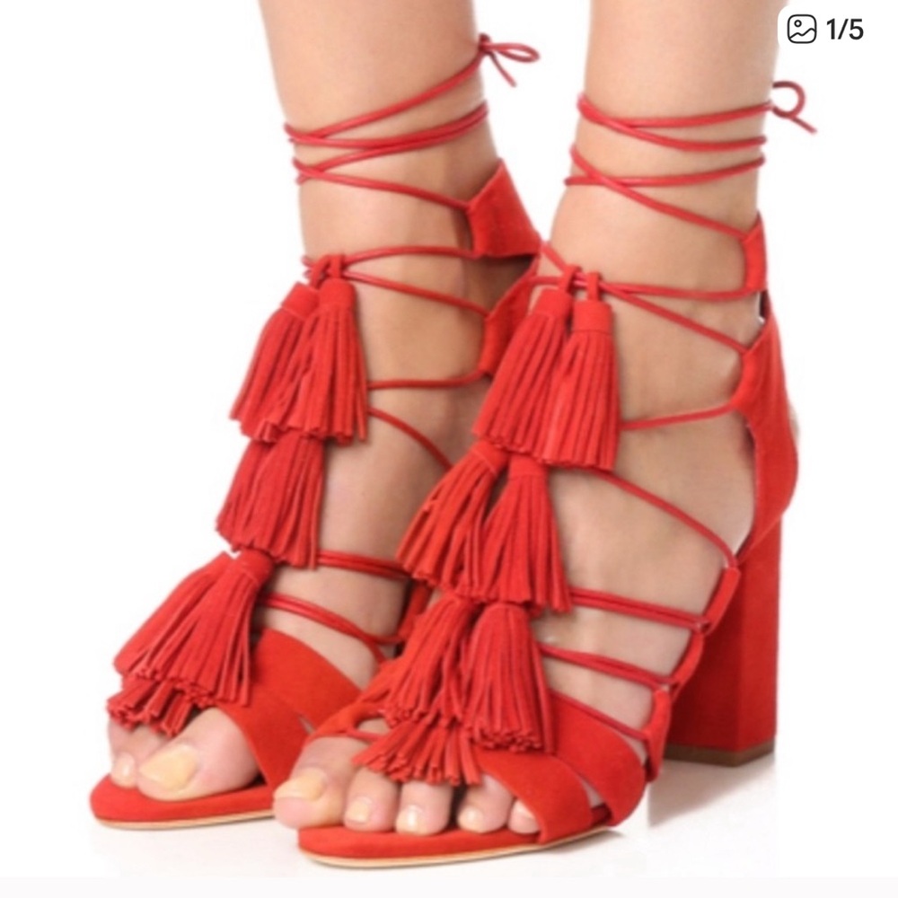 Loeffler Randal Red Tassel Lace-Up Block Heel Sandals